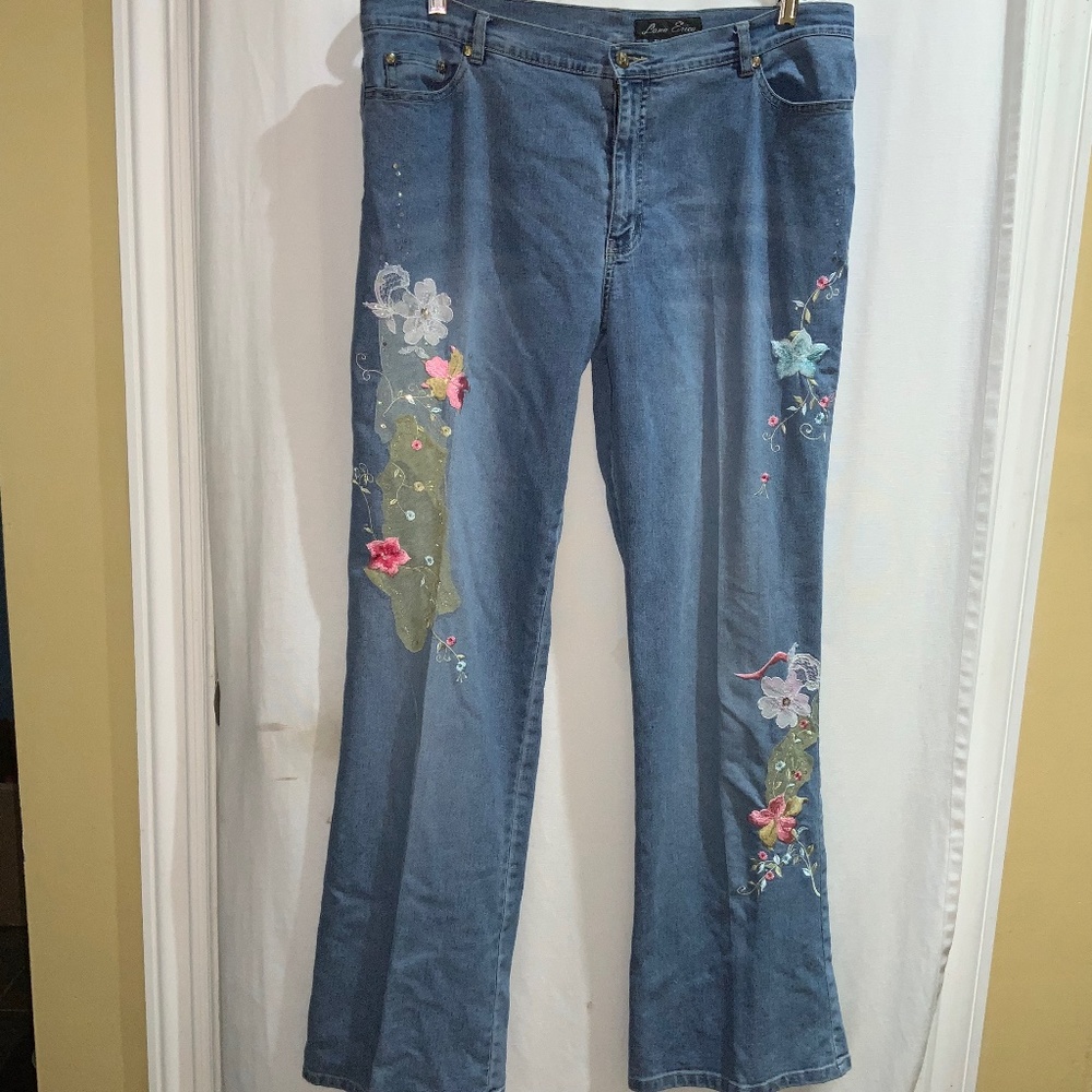Lana Erica floral embroidered straight leg jeans Sz 14 mesh sequins
